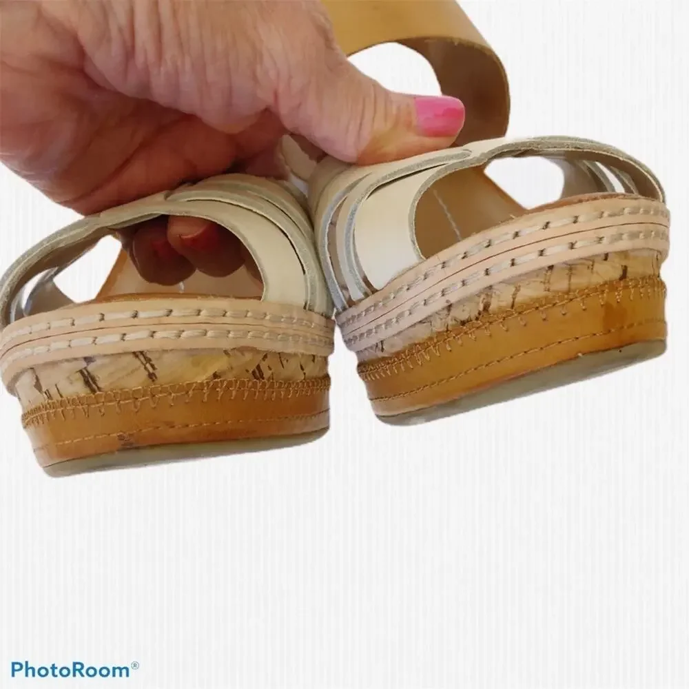 Dolce Vita White Tan Leather Cork Wedge Sandals 9.5